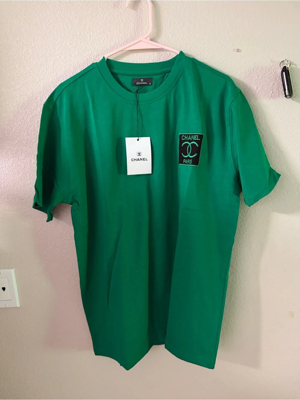 CHANEL Green Short-Sleeve Logo Patch Crewneck Tee